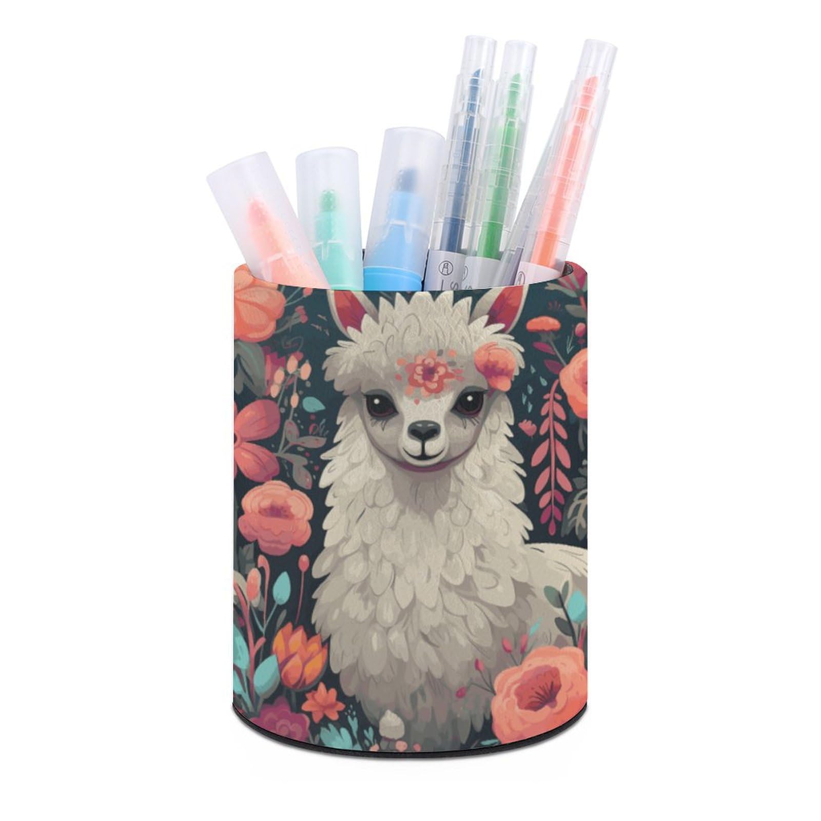 JTREHY Round Pen Holder,Cute Llama Floral Printed Makeup Brush Storage Box for Home Office Dressing Table