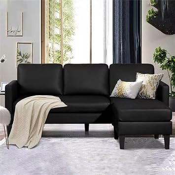 Convertible Sectional Sofa Couch, L-Shaped Couch Modern 3-Seat Sofa Set with Reversible Chaise for Small Living Room, Apartment and Small Space Leather Black