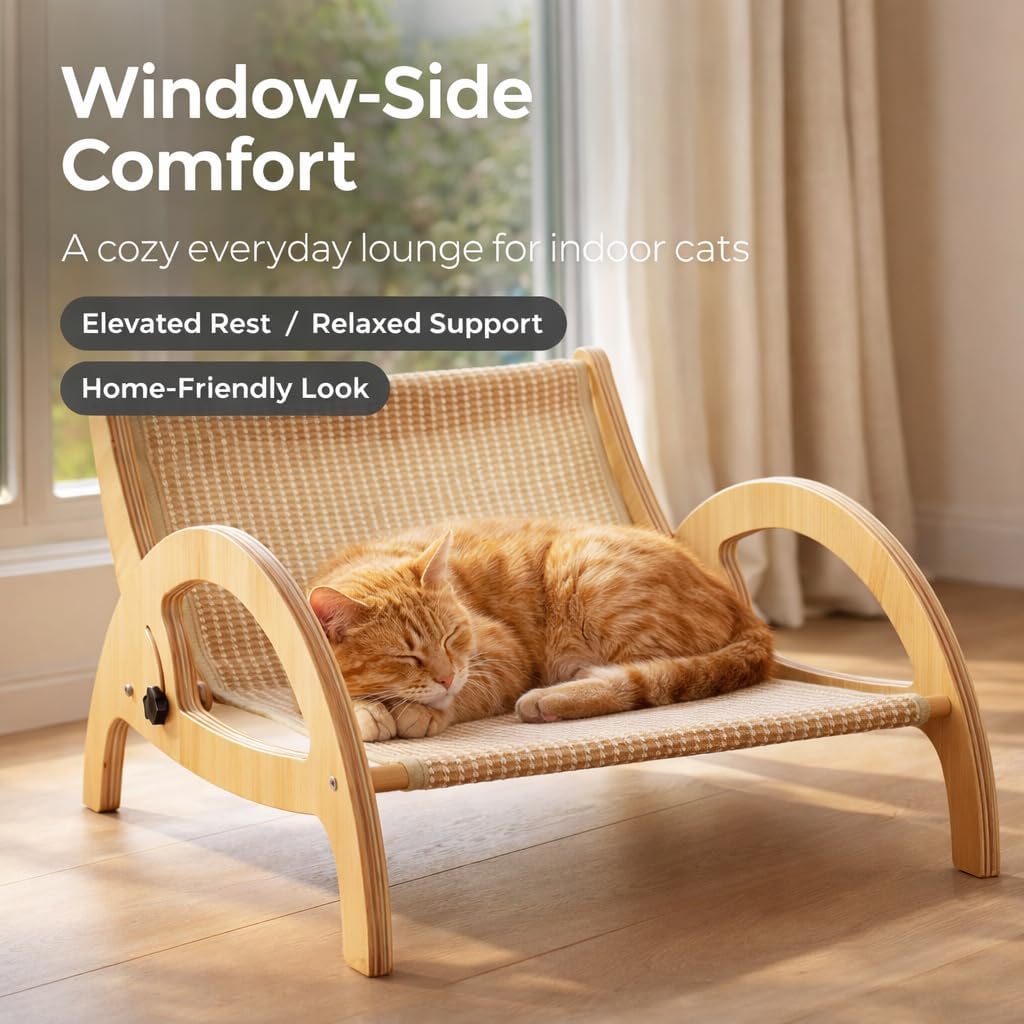 Adjustable Sisal Cat Scratcher Lounge Chair, Wooden Reclining Lounger Bed with Elevated Scratch-and-Rest Design for Indoor Cats, Natural Finish
