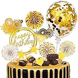 🎂 Tortendeko Geburtstag Set - 🍰1 × Gold Konfetti-Luftballons🍰1 × Gold Happy Birthday Toppers🍰4 × Gold Paper Fan Topper🍰2 × Gold Fireworks Cake Toppers.🍰2 × Gold PU-Stern🍰2 × Gold PU-Liebe.(12stk)