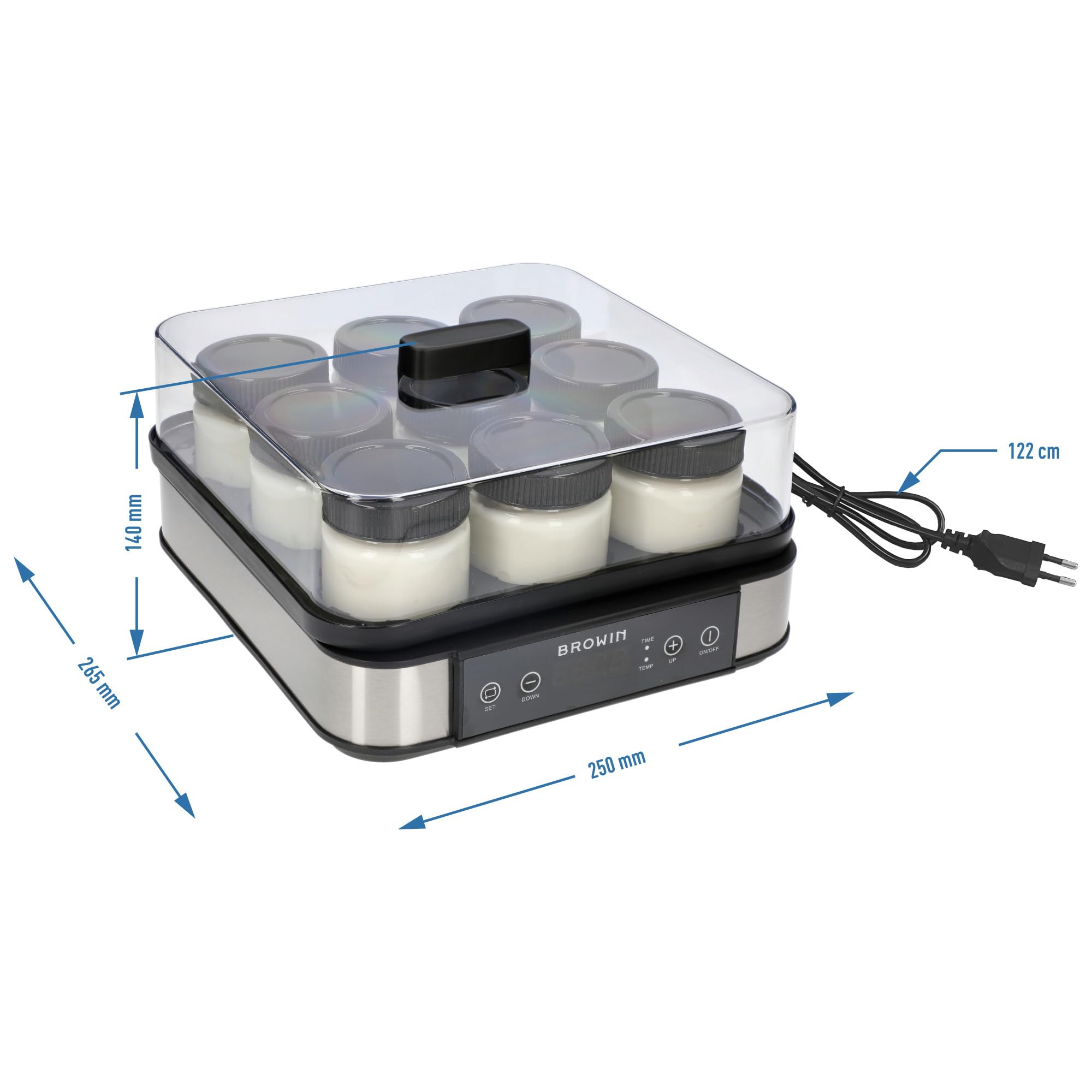 BROWIN Joghurt-Maker mit Thermostat, Joghurtbereiter mit 1,6 l Fassungsvermögen, 9 Gläser, Weiß | Temperaturbereich: 25-65°C | ür selbstgemachten Joghurt, enthält 9 Joghurtgläser mit Deckel