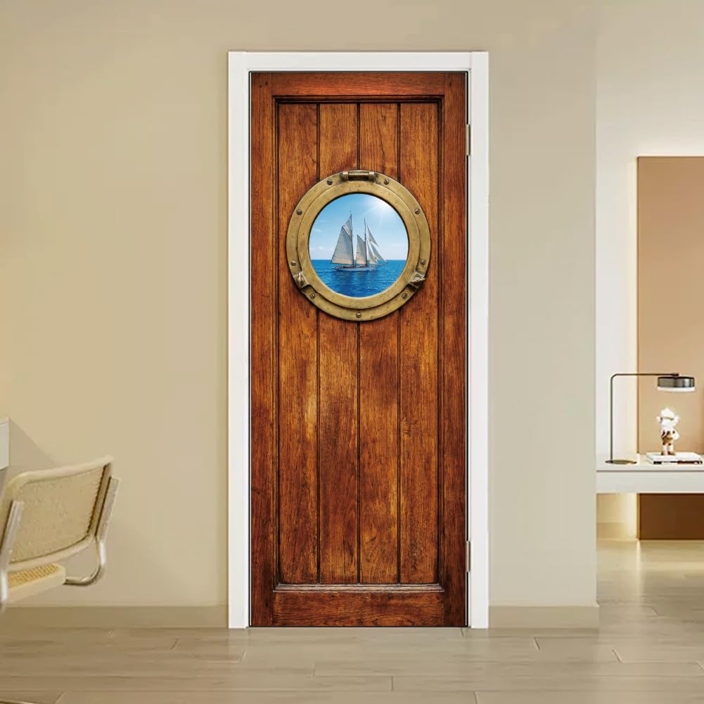 arricraft 2 Pcs Self-Adhesive Door Sticker, 31.5"x78.7" Wooden Door Porthole Ocean Sailboat Blue Sky Decorations Door Murals Stickers PVC Removable Wallpaper Decoration for Bedrooms Living Room