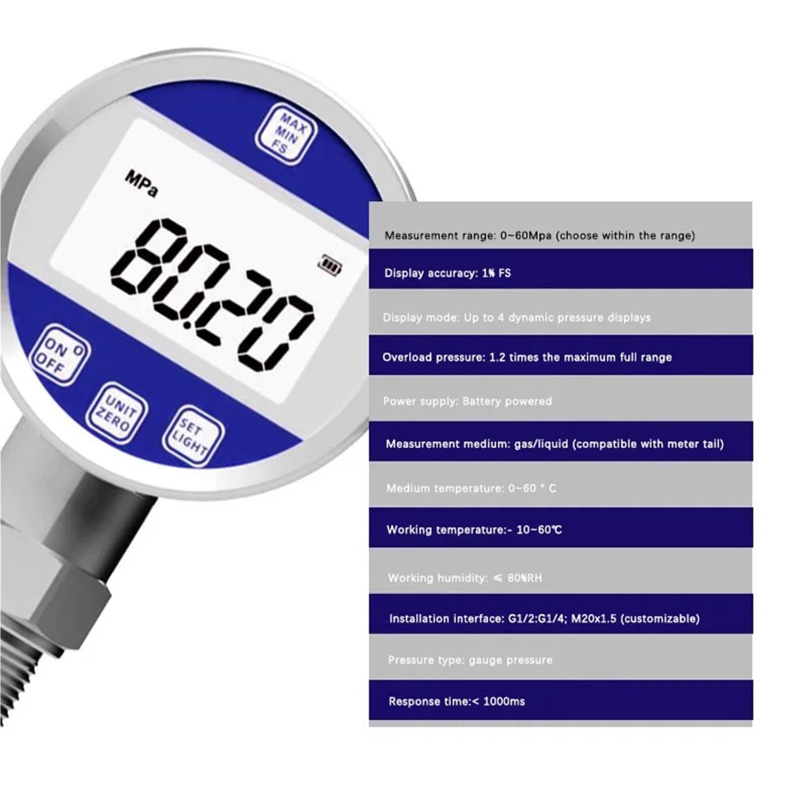 Wysoce precyzyjny cyfrowy ciśnieniomierz cyfrowy, elektroniczny hydrauliczny miernik ciśnienia podciśnienia (M14 x 1,5 Customized, 0-10 mpa 80 mm)