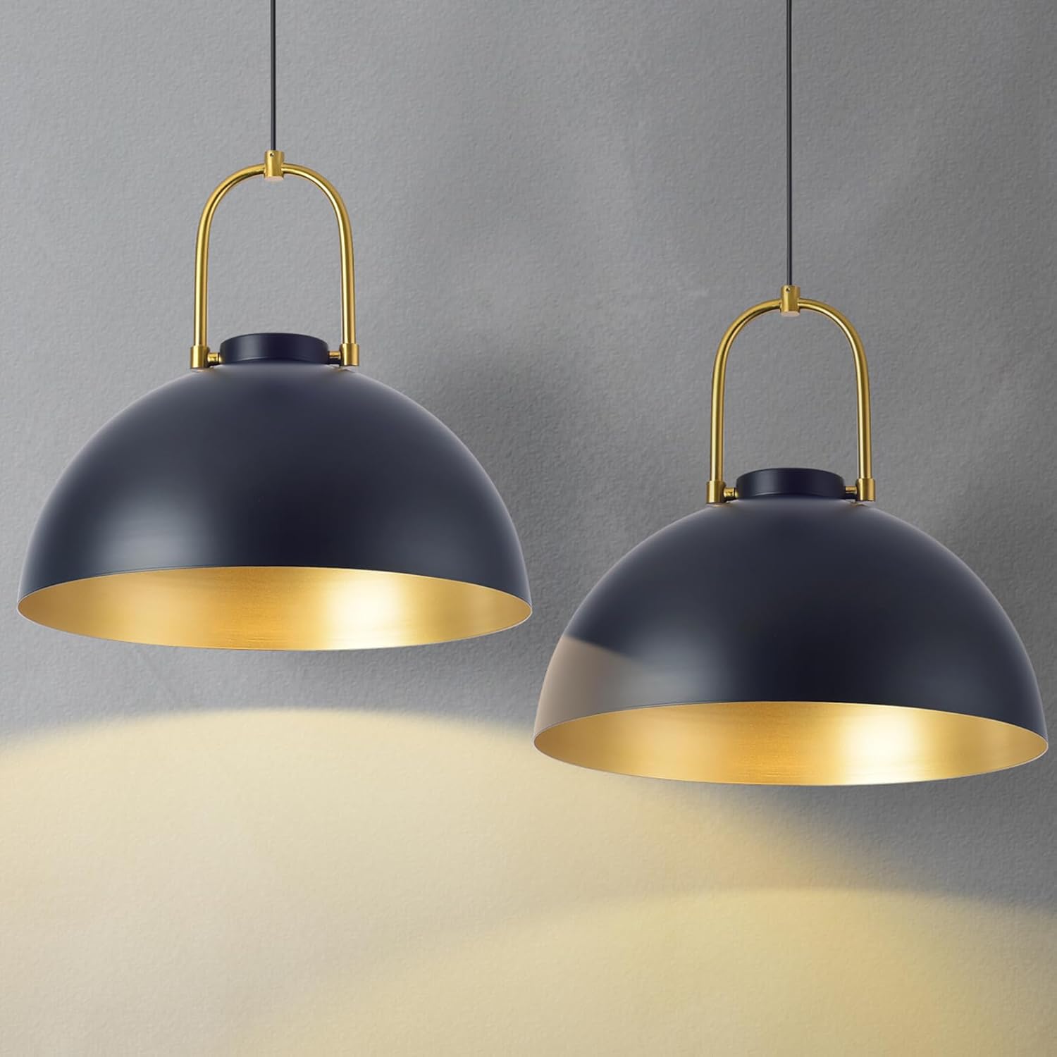 2 Pack 17.7" Black Large Pendant Light, Farmhouse Black and Gold Pendant Lights Kitchen Island, Vintage Pendant Light Large Dome Chandelier for Kitchen Island, Dining Room