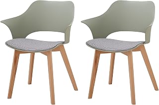 Juego de 2 Sillas de Comedor Escandinavas, Silla de Comedor de Estilo Nórdico con Reposabrazos, Patas de Haya, Silla de Cocina Tapizada a Cuadros de Lino - Verde Claro
