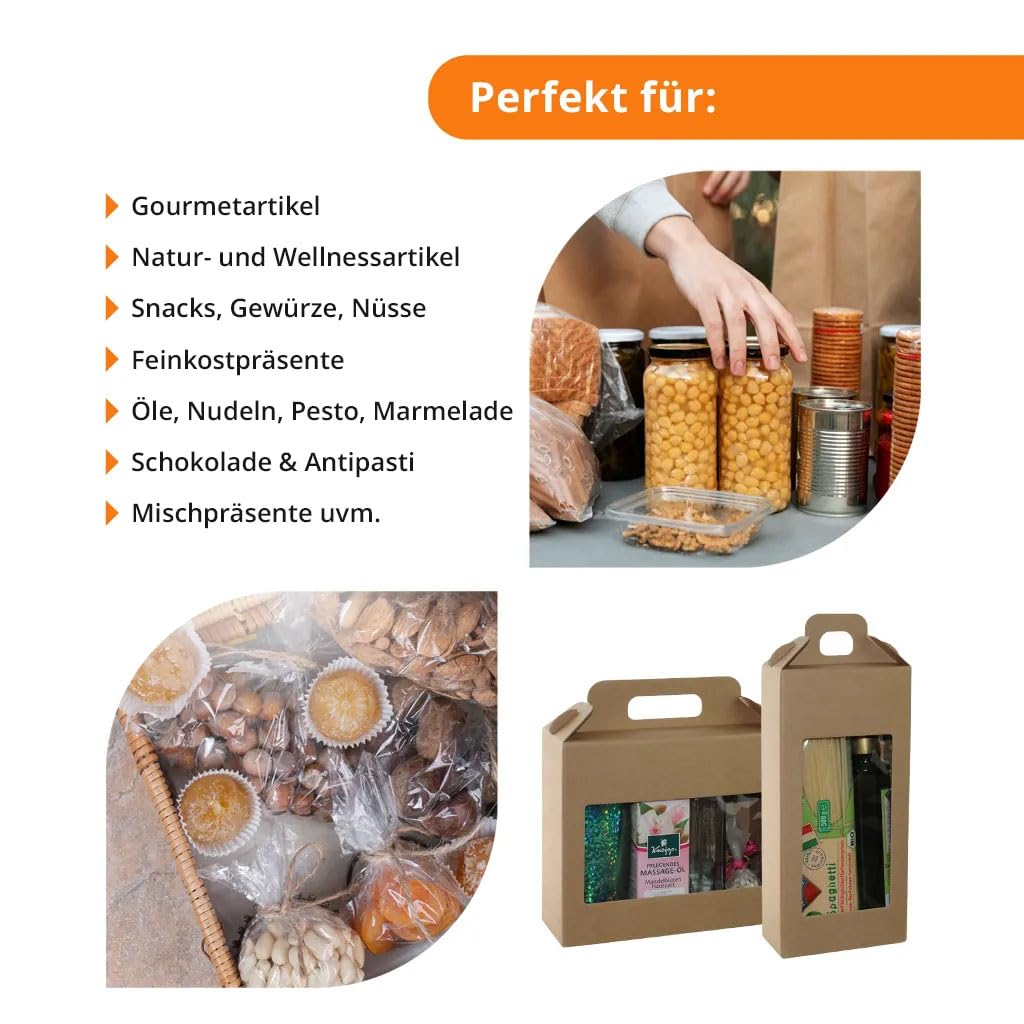 Geschenkbox mit Tragegriff aus Kraftpapier Braun, 30 Stück, 220 x 195 x 80 mm, mit Sichtfenster, Geschenkschachtel, Geschenkverpackung für Präsente, Backwaren, DIY und Mitbringsel
