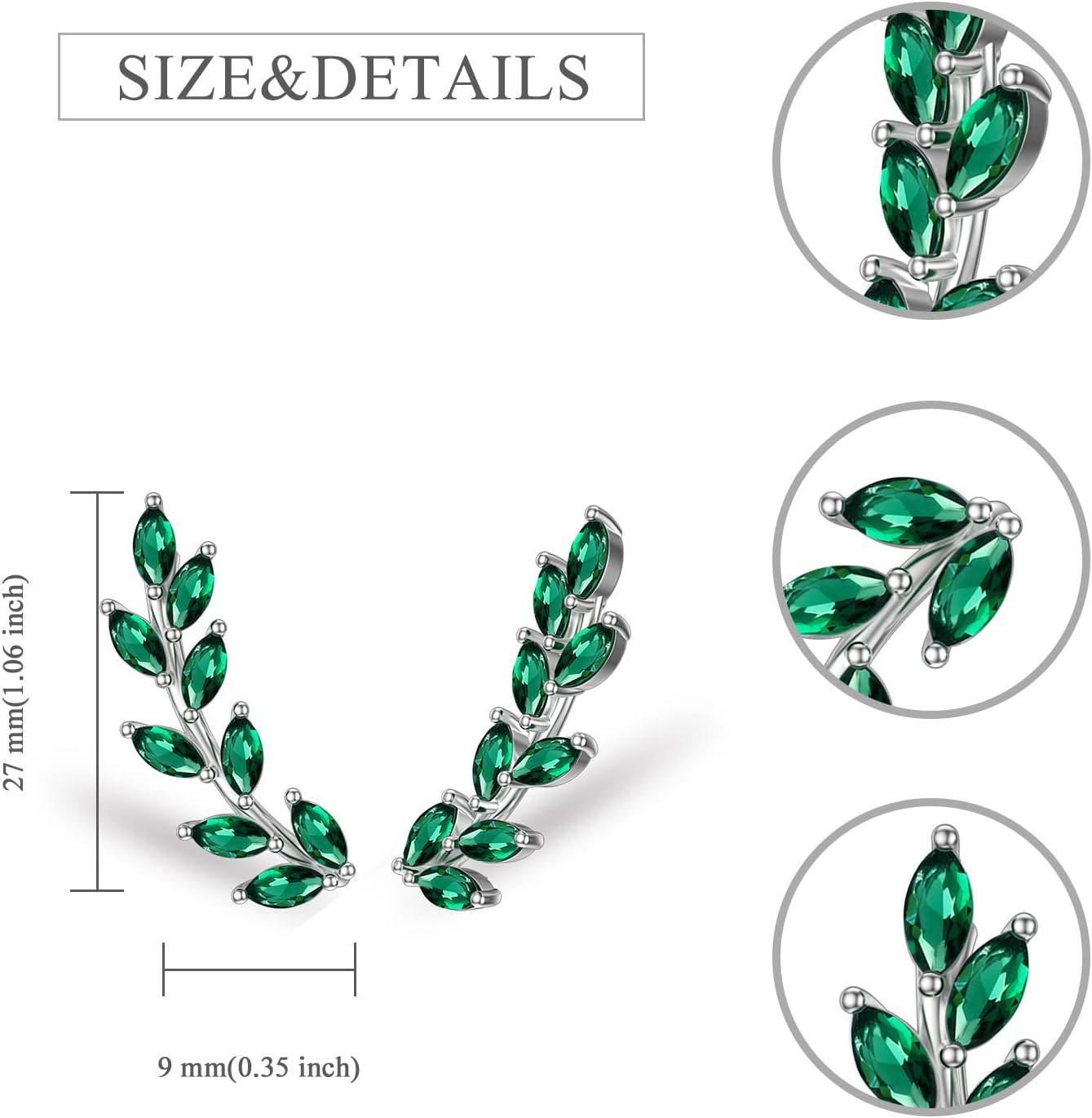 Leaf Ear Climber Earrings for Women 925 Sterling Silver Green Emerald Ear Crawler Earrings May Birthstone Jewelry Gifts - Image 6