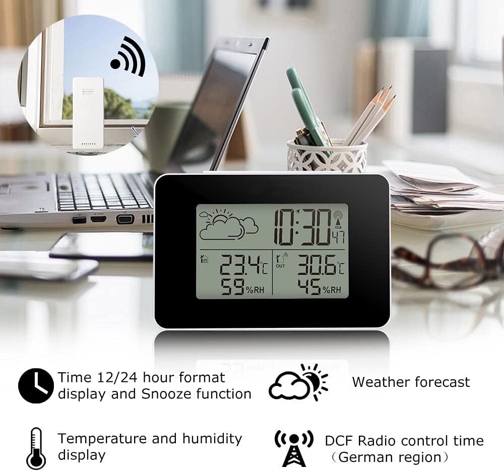 FanJu FJ3364 Digital Weather Station displaying time, indoor/outdoor temperature and humidity, and weather forecast icon