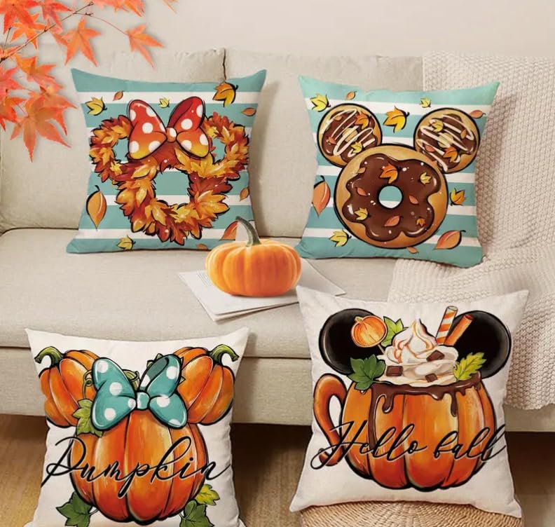 Hello Fall Mouse Pumpkin Decorative Throw Pillow Covers 18 x 18 inch,Autumn Wreath Doughnut Hot Cocoa Porch Outdoor, Blue Stripes Maple Leaves Seasonal Couch Cushion Case.