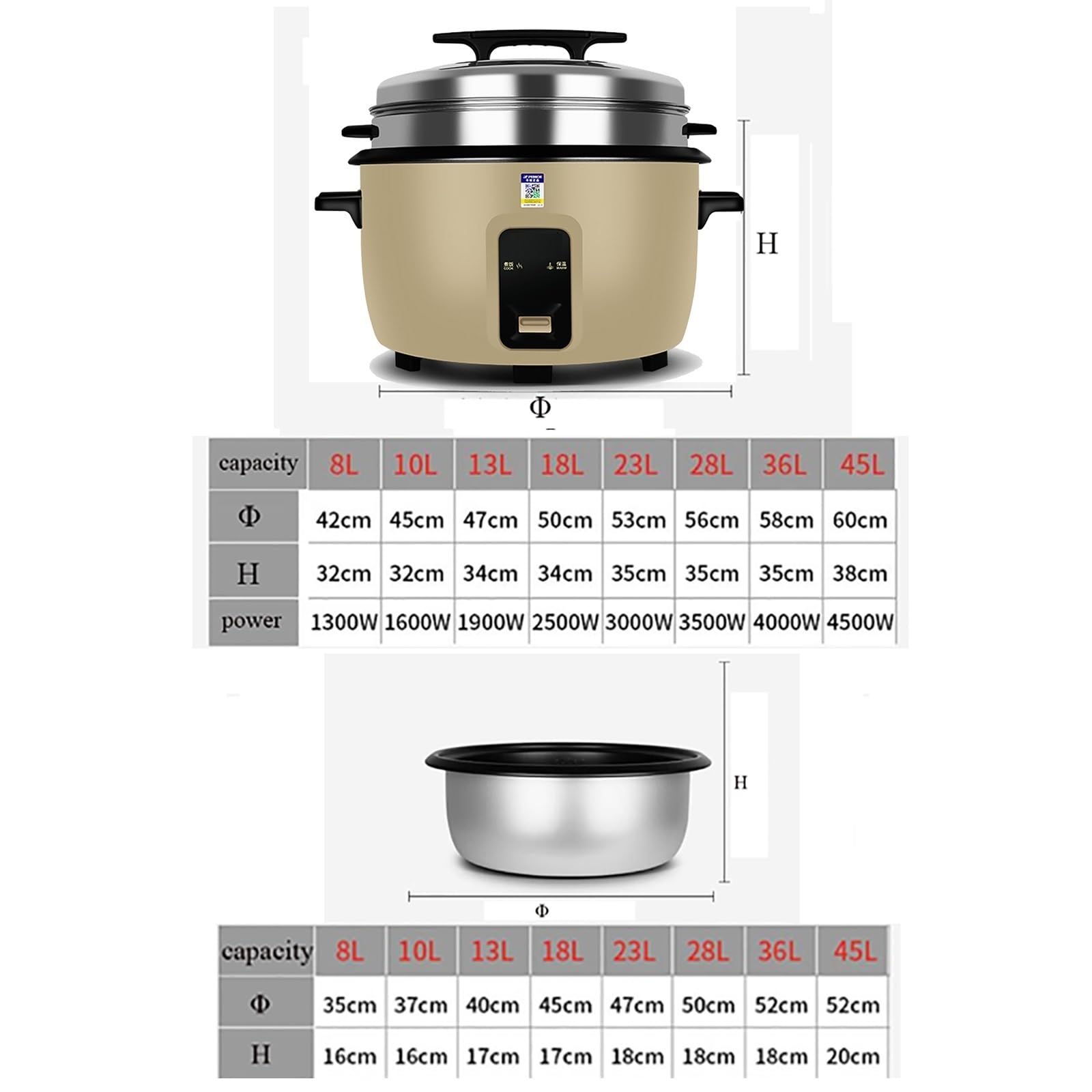 Cuiseur à Riz Grande capacité 8-45L avec cuiseur Vapeur Cantine Hôtel Commercial Hôtel Maison À l'ancienne Grand 8-60 Personnes 220-240V (10L-1600W)