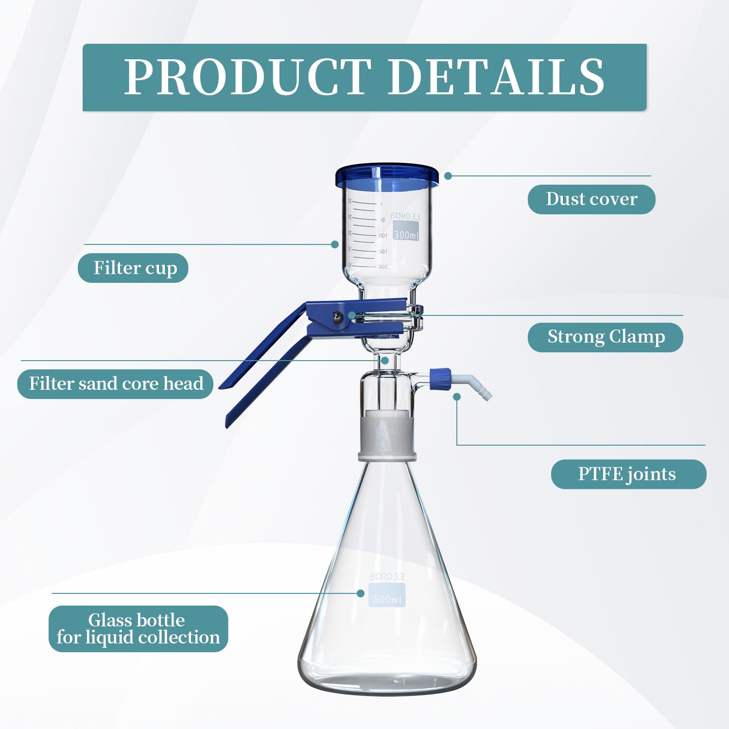 Kit de aparato de filtración al vacío de laboratorio, matraz de filtrado de 500 ml y embudo de vidrio de 300 ml