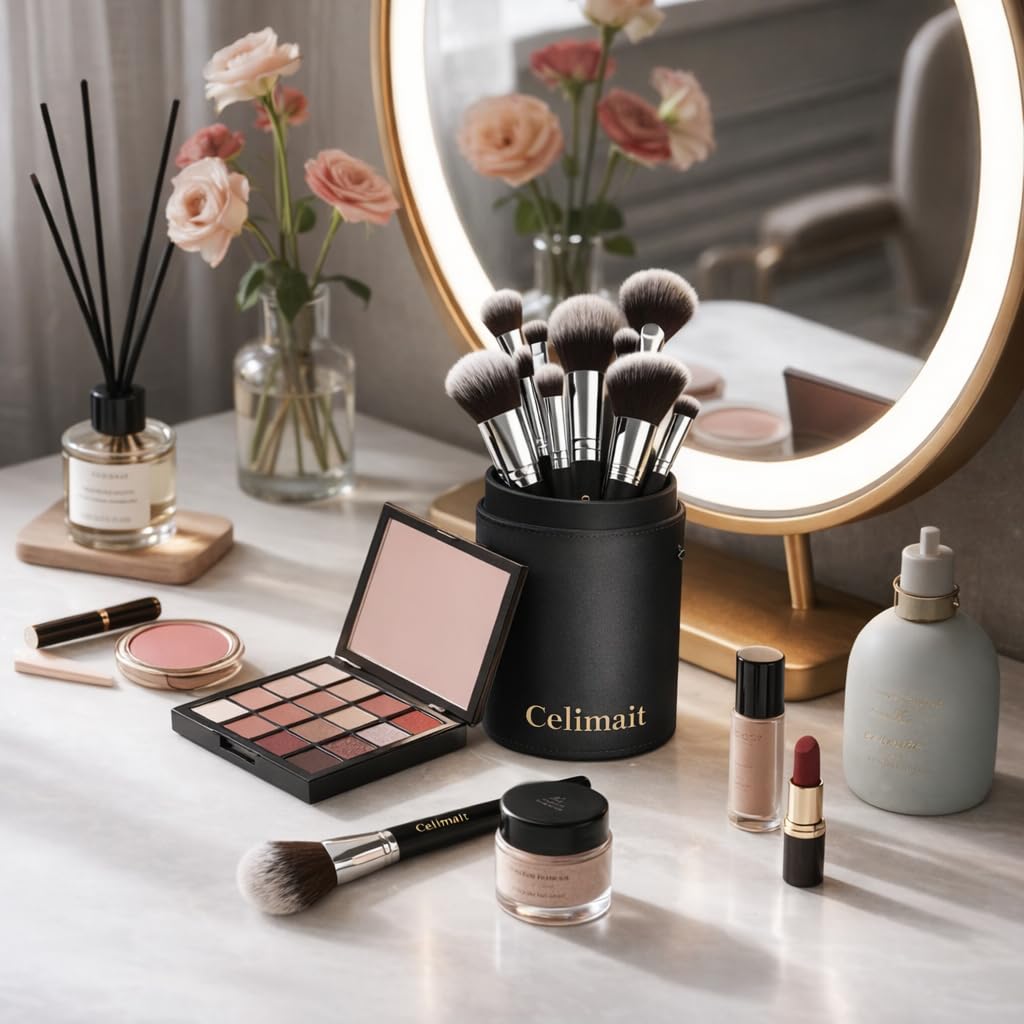 Makeup Brushes Set 12 Piece Professional & Beginner Friendly, Soft Synthetic Bristles for Face Eyeshadow Blending, Easy to Clean Travel Ready with Case, Ergonomic Wooden Handle (Light Black)