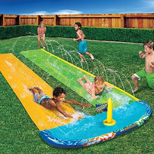 BANZAI 16ft Long Water Slide | Capture The Flag Racing Slide For Kids | Self-Sticking Inflatable Water Slider | Two Separate Slides With Sprinklers Water Play | Garden Games For Kids | Easy to Set Up