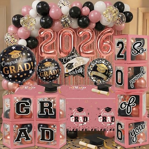 Image of Black and Pink Graduation Decorations Class of 2026 - Graduation Balloon Boxes, Balloon Arch Garland Kit, Fringe Curtains, Party Decorations 2026 for Any Grades