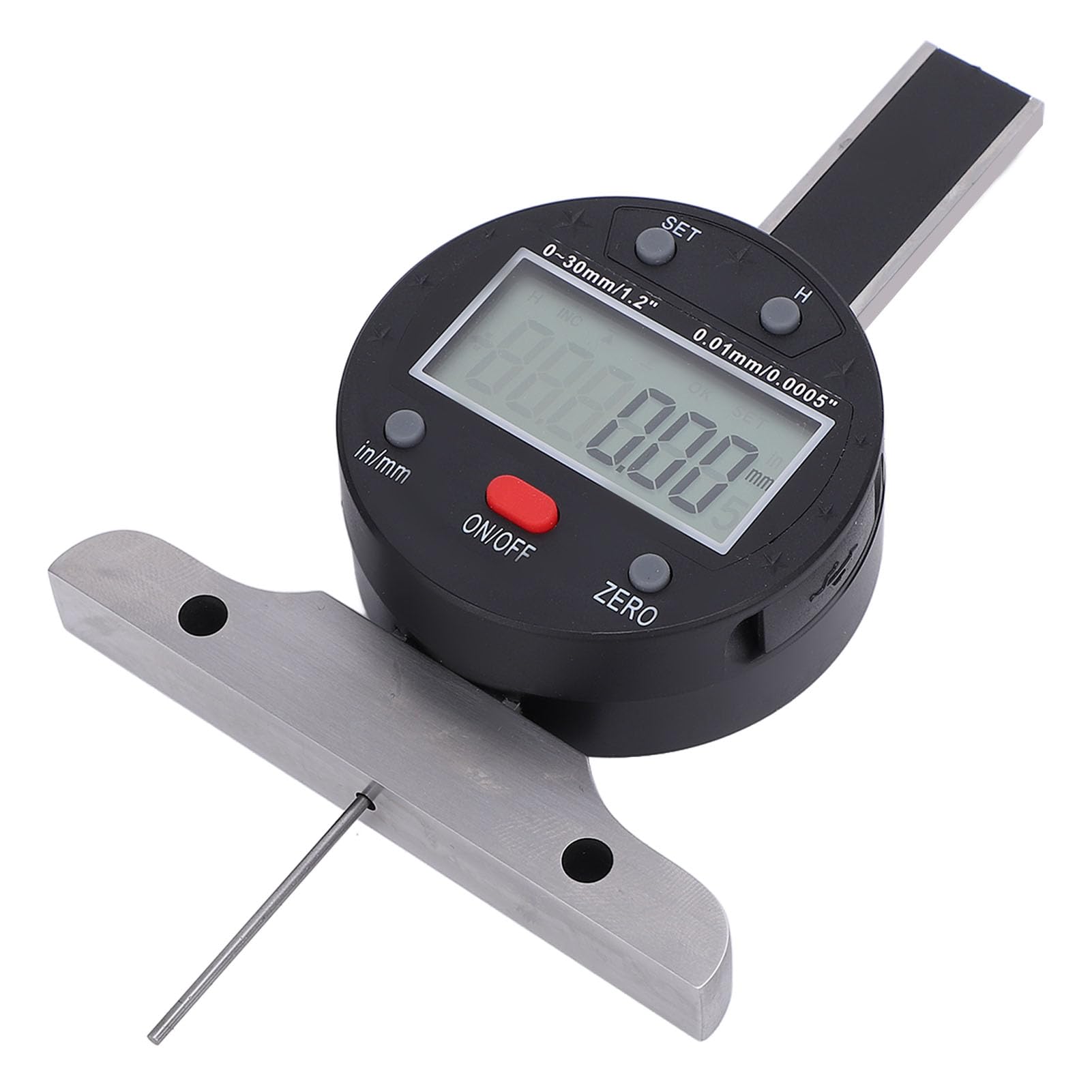 Medidor de profundidad digital electrónico, herramienta de medición de profundidad con pantalla LCD, rango de 0 a 30 mm con puertos USB para transferencia de datos, construcción