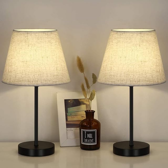 LIANTRAL Bedside Table Lamp, Modern Small Desk Lamp with Linen Fabric Shades & Black Metal Frame for Bedroom, Living Room, Office, Set of 2