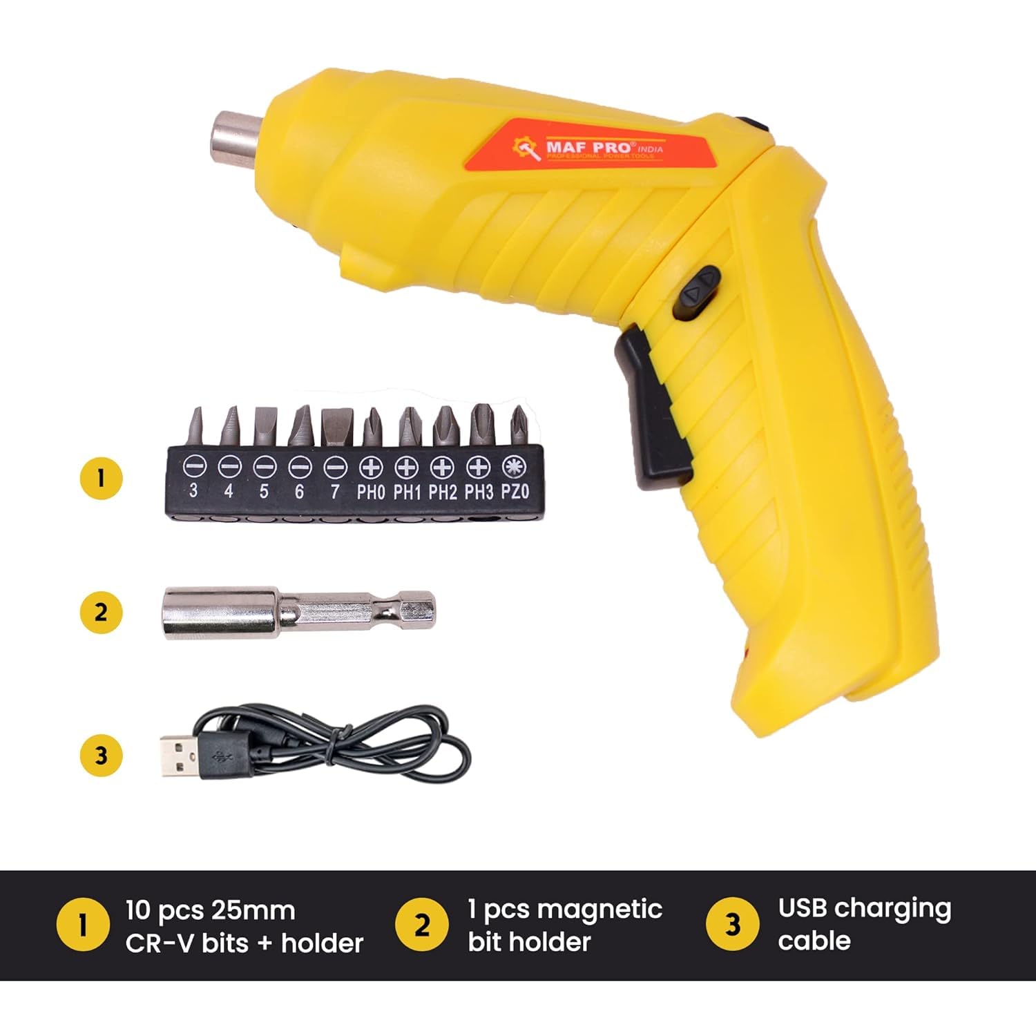 Homdum MAF Rechargeable and 90° Rotatable Cordless Drill Screwdriver Kit with Onboard LED Light and 11 Pieces Accessories 4V 6.35mm (Yellow) 3