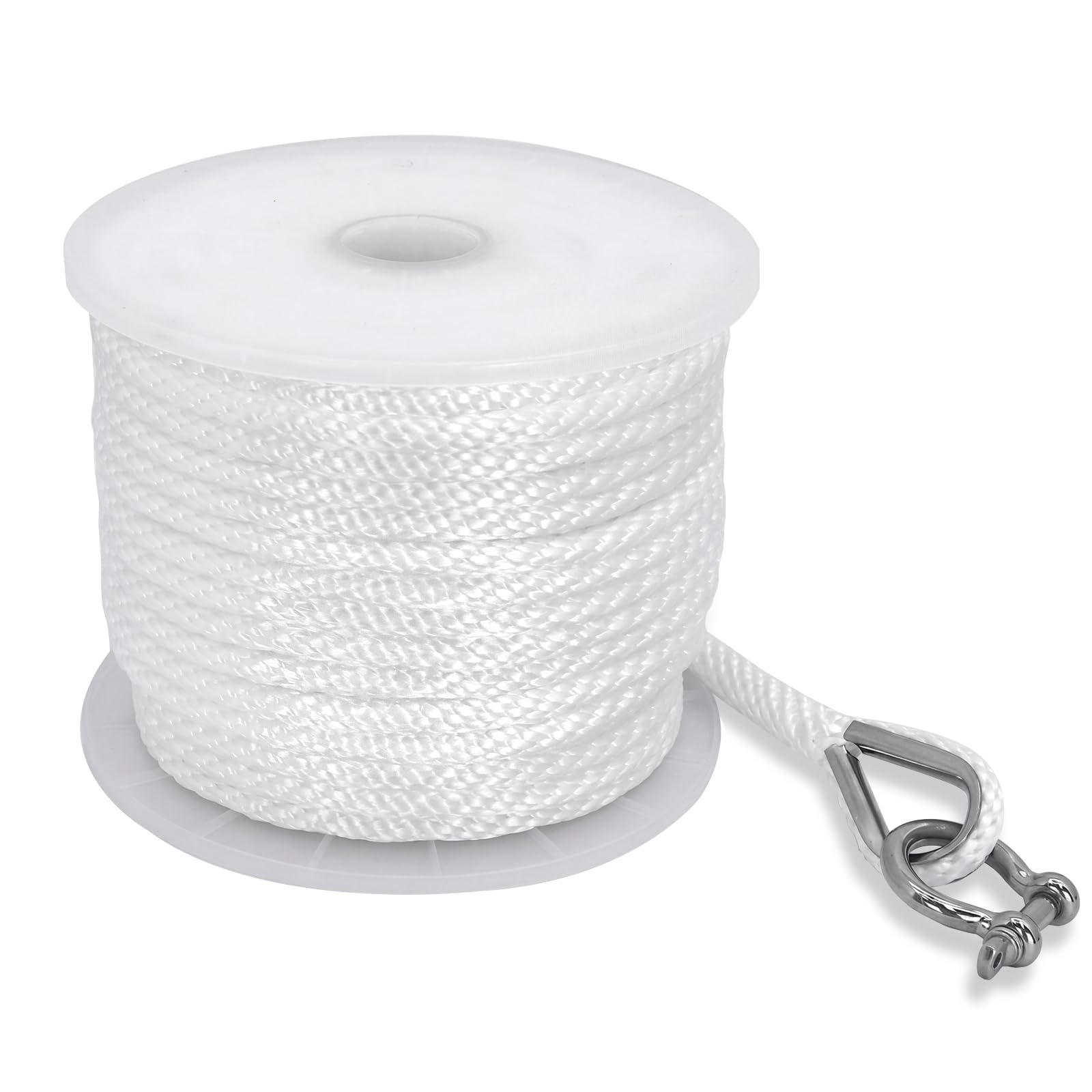 NewDoar Boat Anchor Rope 10mm 30M/50M Floating Polypropylene Rope, Braided Marine Dock Lines with Stainless Steel Thimble & Shackle, Lightweight Water-Resistant Cord for Boating Anchoring-White/50M