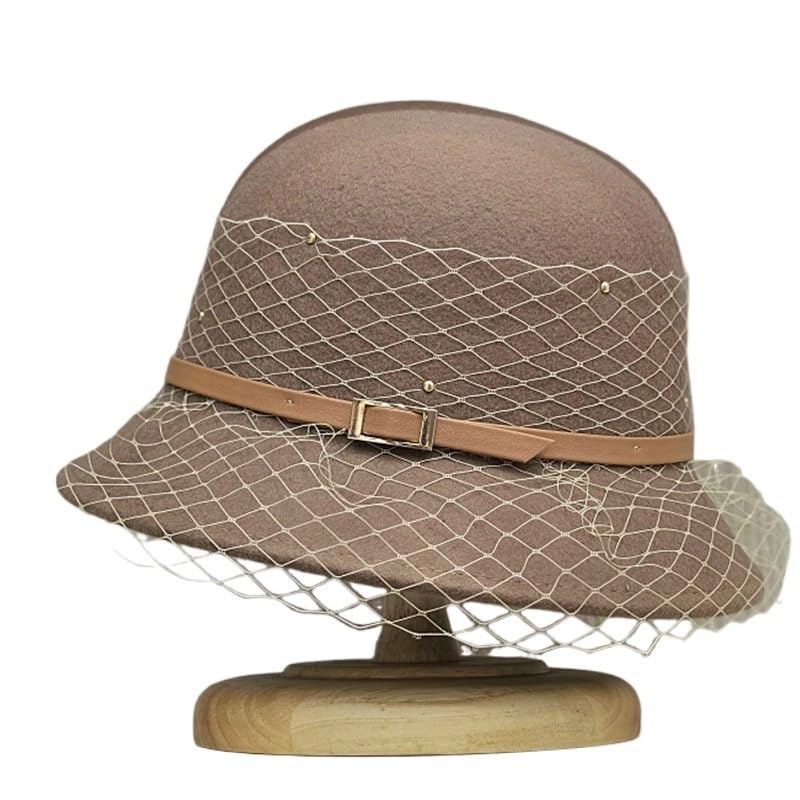 HHRLCH HBJWOV Damska czapka zimowa Kryształowy welon Fascinator Kapelusze Okrągły górny pasek Wełniana filcowa sukienka typu Bucket Cloche