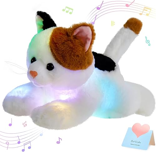Glow Guards - Gato calicó de peluche con iluminación, musical, suave, tipo almohada, con luces ledes nocturnas y canciones de cuna, para cumpleaños