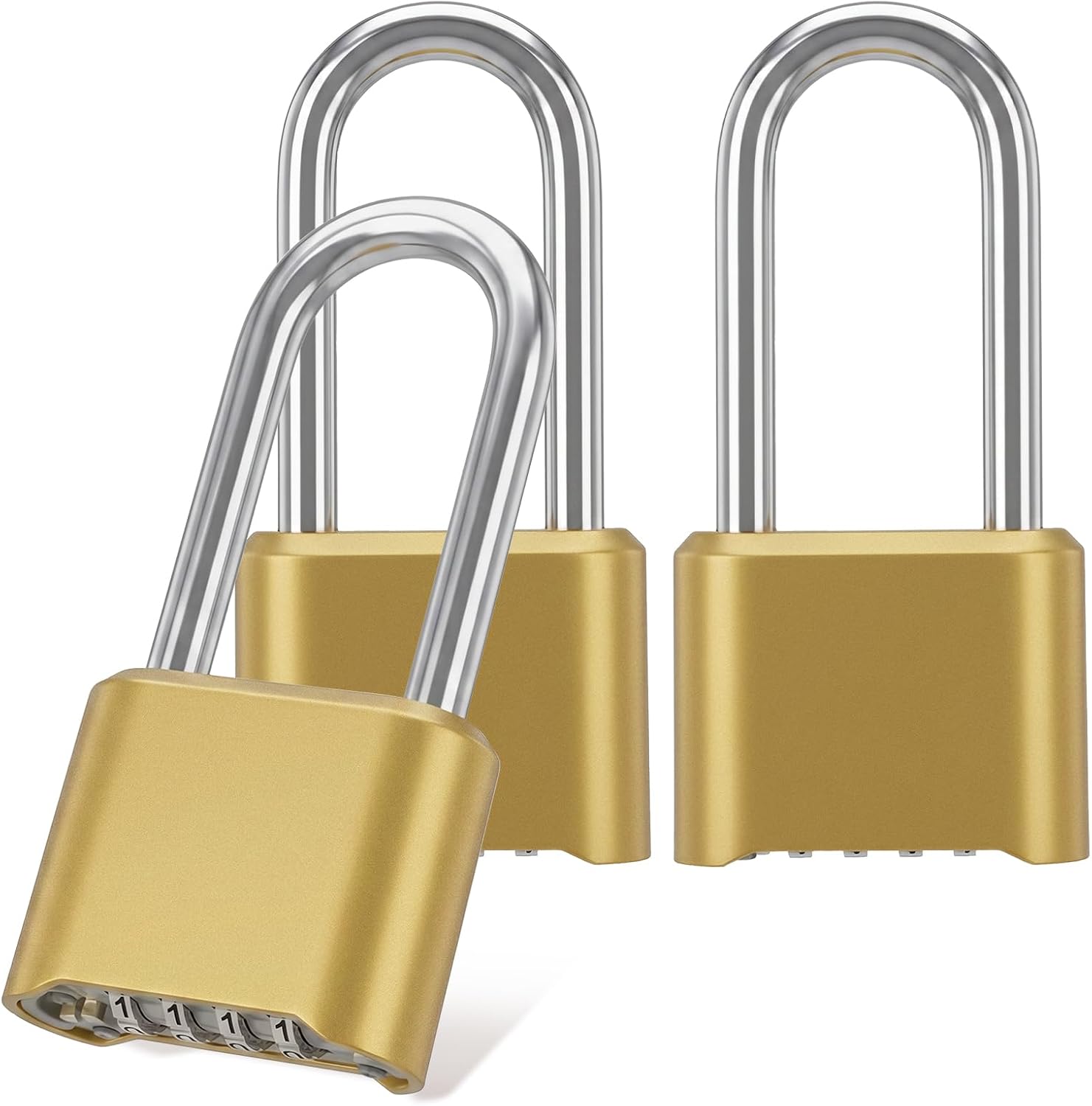 4-Digit Combination Lock 3 Pcs Long Shackle Combination Padlock Heavy Duty | Weatherproof High Security Large Padlocks,with Code for School, Outdoor Alloy Locks, Fence, Gate, Hasp, Case-Golden