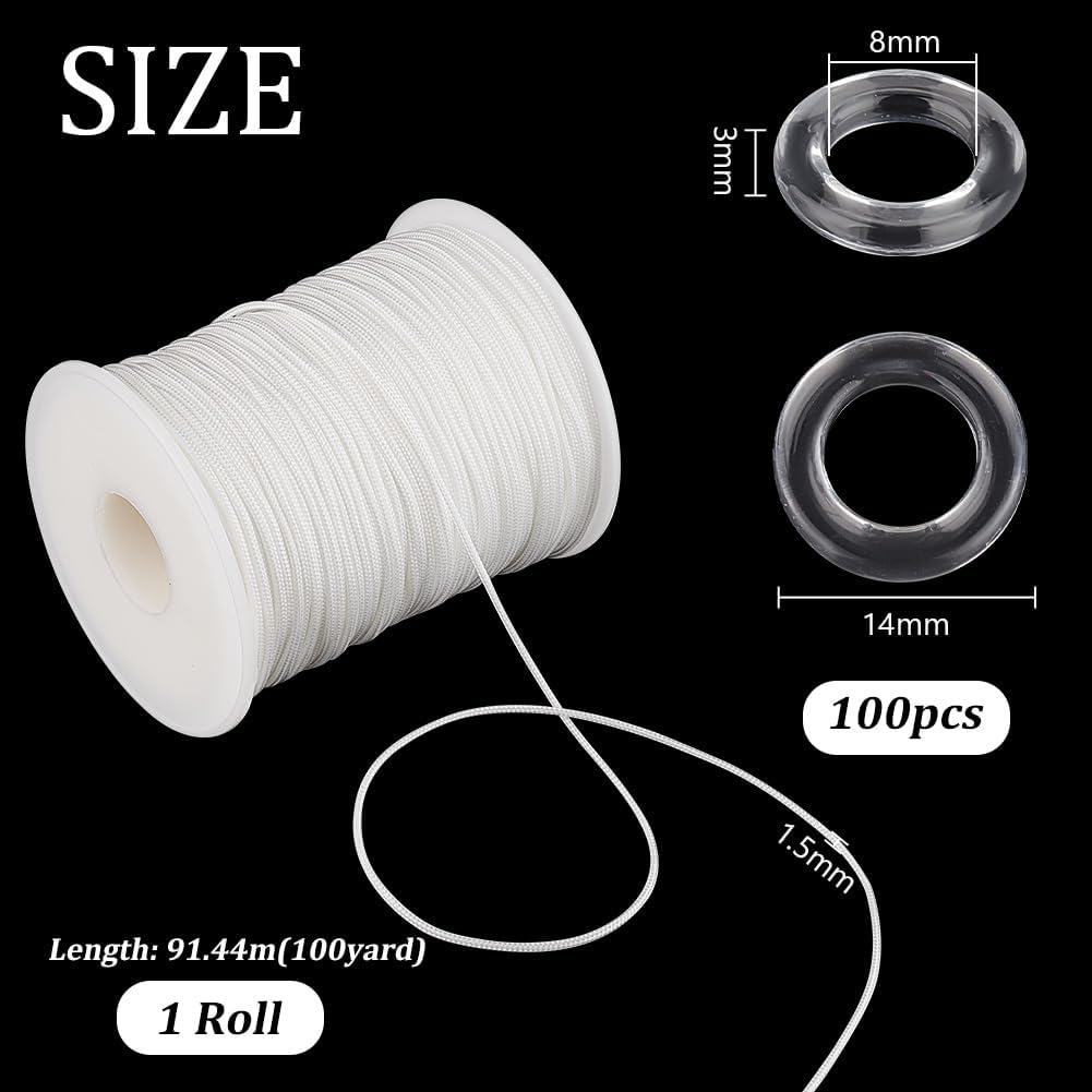 PH PandaHall 100pcs Clear Roman Curtain Rings 100 Yards Roman Blind Cord 1.5mm White Braided Curtain Cord Nylon Lift Shade Cord Drapery Cords Set Plastic O-Rings for DIY Blind Curtains