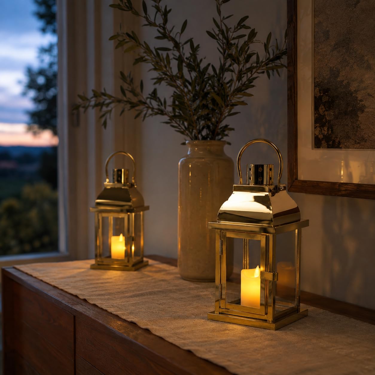 TRIROCKS Windlicht Laterne 2er Set Gold, 25 cm Kerzenlaterne aus Metall & Glas, Deko Laternen für Tisch, Balkon, Terrasse, Hochzeit, Wohnzimmer, Innen & geschützten Außenbereich, ohne Kerzen