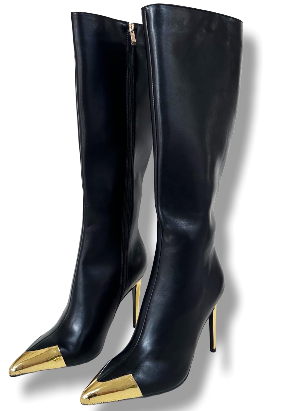 Frankie Hsu Ladies Sexy Stiletto Knee High Heeled Boots Black Gold Tip Designer Style Hot Girl Big Large