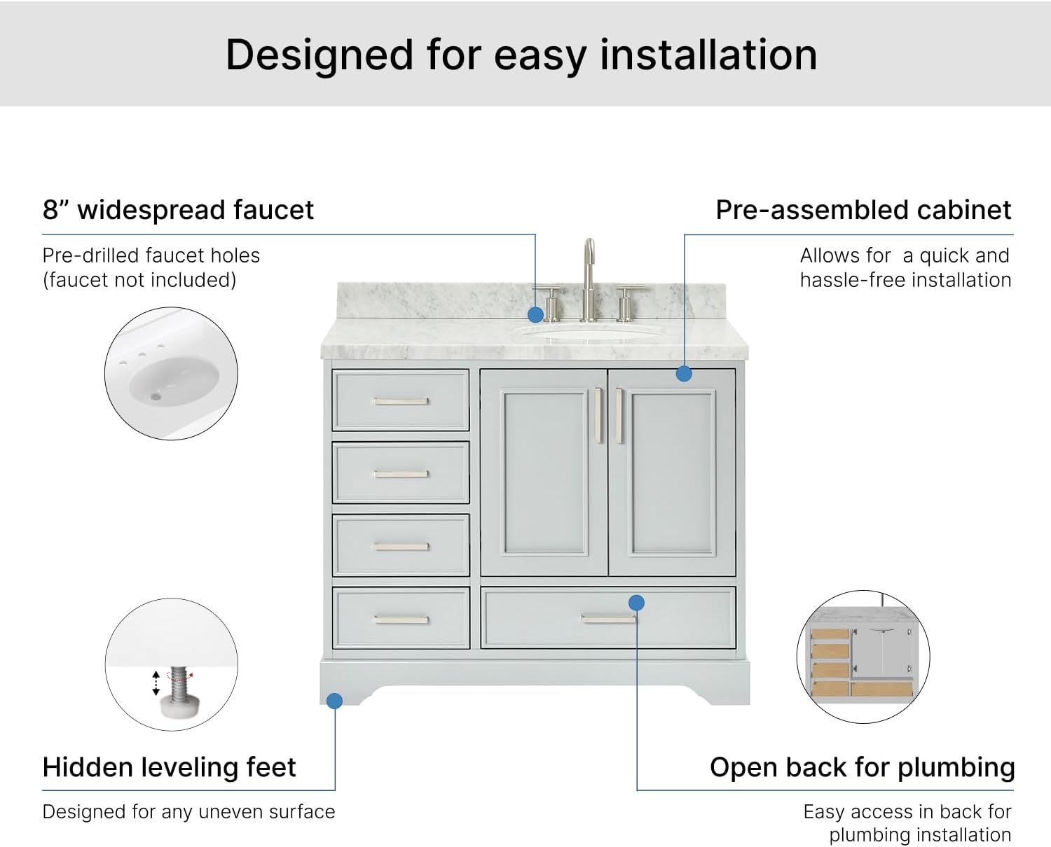 ARIEL Stafford 42-inch Bathroom Vanity with Sink,Solid Wood, 1.5-inch Italian Carrara Marble Countertop & Backsplash, Single Oval Porcelain Sink, 2 Soft Closing Doors, 5 Dovetail Drawers, Grey