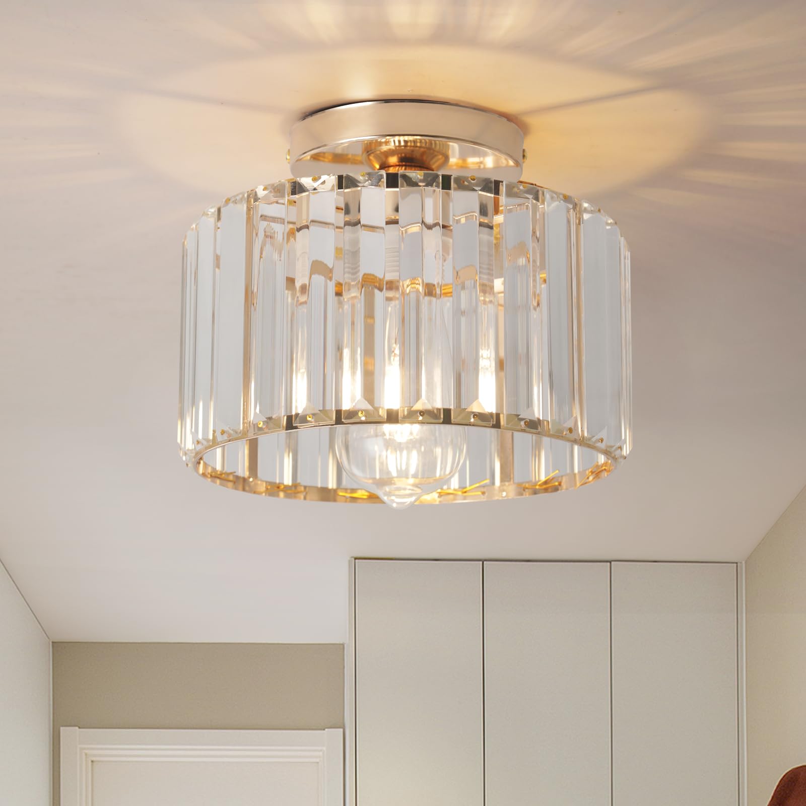 Hudi Fyier Gold-Nd Modern Crystals Ceiling Lighting Fixtures, Gold Small Ceiling Lamp, Semi Flush Mount Ceiling Light For Kitchen Hallway Dining Rooms Living Rooms
