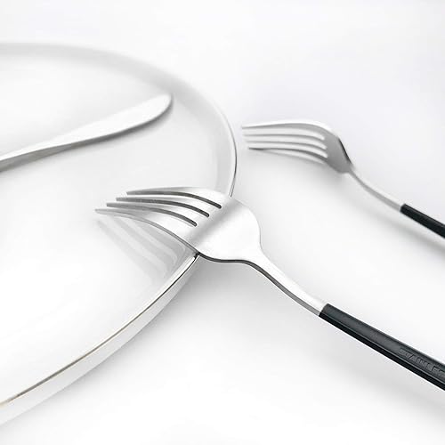 Miniatura 7 de Gugrida Juego de cubiertos de acero inoxidable 18/10 con mango negro mate, 5 piezas, incluye tenedores, cucharas, cuchillos, cubiertos de