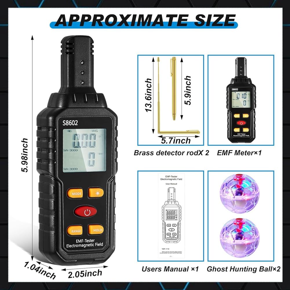 VENEKA Kit de Equipo de Caza Fantasma de 5 Piezas 1 Detector de Radiación EMF 2 Bolas de LED 2 Postes de Seguimiento de Cobre