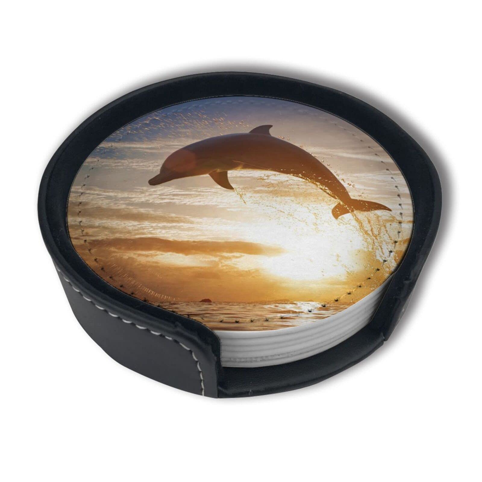 Dolphin Sunrise Leather Drinks Coasters with Holder Set of 6, Suitable for Kinds of Cups