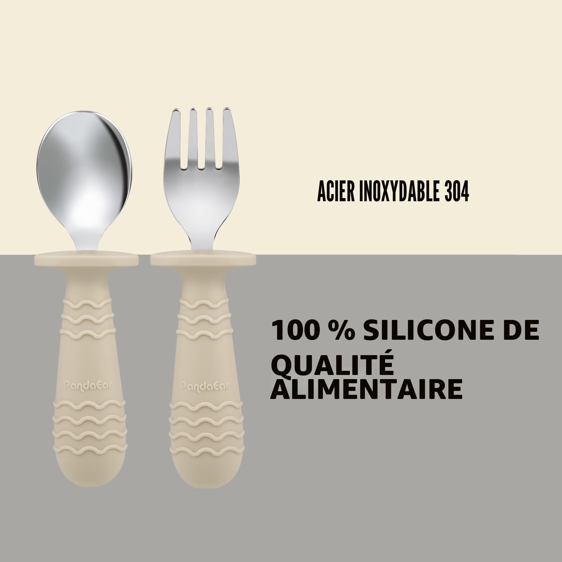 PandaEar Set De 2 Assiettes En Acier Inoxydable Avec Ventouse Pour Bébé Et Set De 2 Cuillères Et Fourchettes, Ustensiles Pour Bébé, Assiettes Divisées Pour L'Alimentation Autonome (Beige/Noyer)