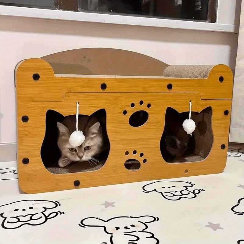 2-in-1 Kratzbaum und gemütliches Katzenbett mit hängendem Ballspielzeug - großes Kartonbett, Katzen-Spielhaus, Langlebiges Katzenspielzeug, lustige Möbelgeschenkidee, Katzenzubehör