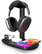 PUSOKEI Support de Casque avec Chargeur sans Fil, Support de Casque de Station de Charge Qi 4 en 1, Station de Charge Rapide sans Fil 15 W pour Téléphone iOS, Montre, écouteurs