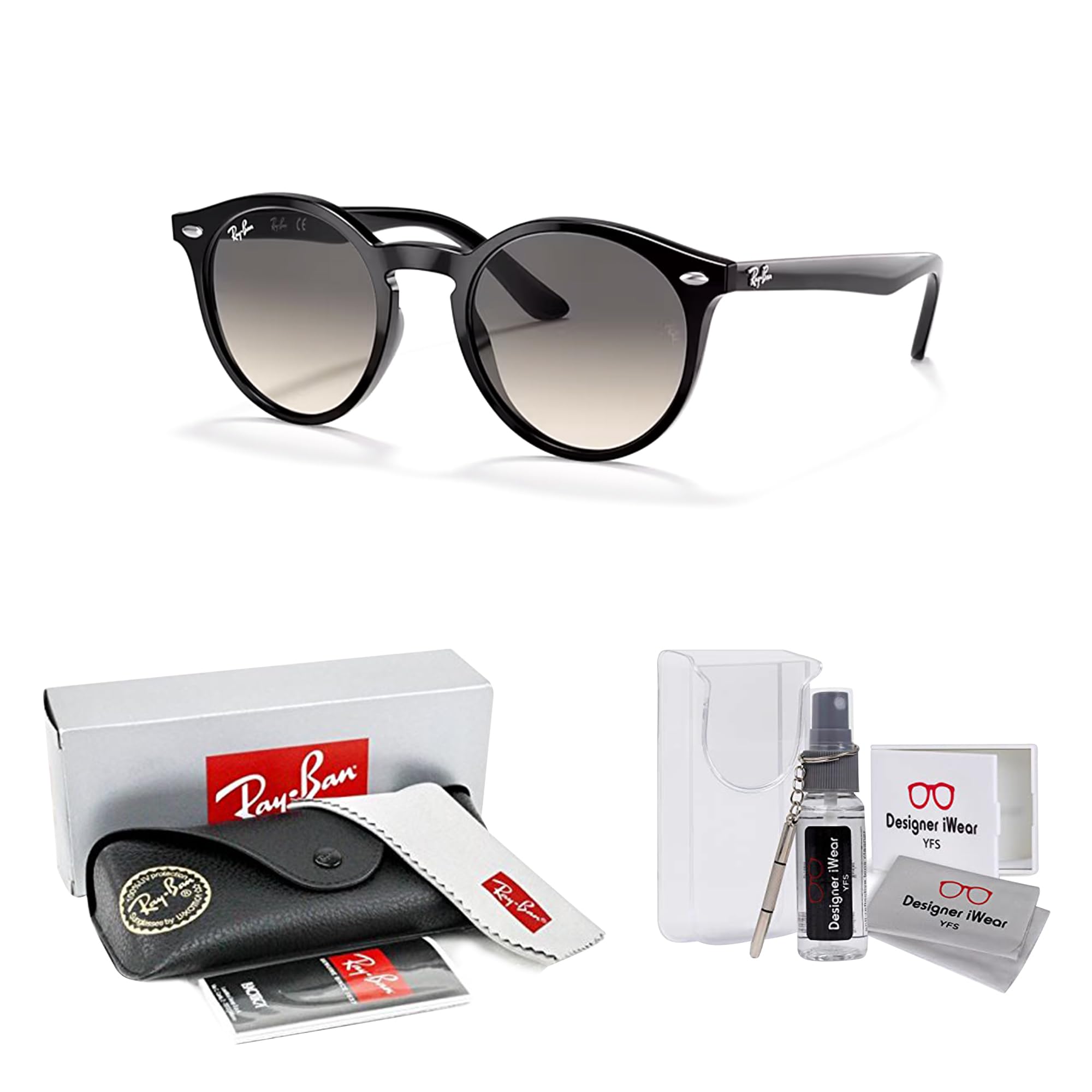 Ray-Ban Junior Kids' RJ9064S 100/11 44MM Black/Light Grey Gradient Dark Grey Round Sunglasses for Men for Women + BUNDLE with Designer iWear Eyewear Kit