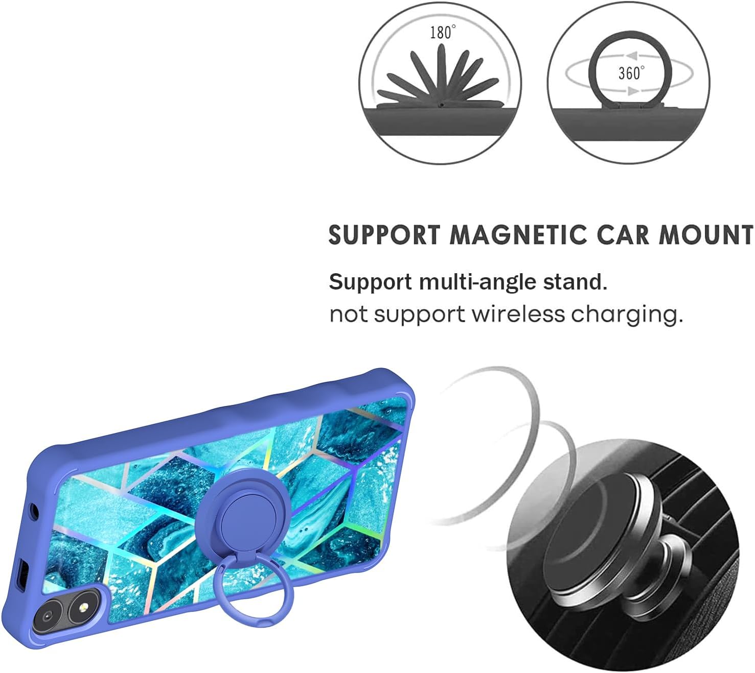 Diagram showing ring support rotation and magnetic car mount compatibility