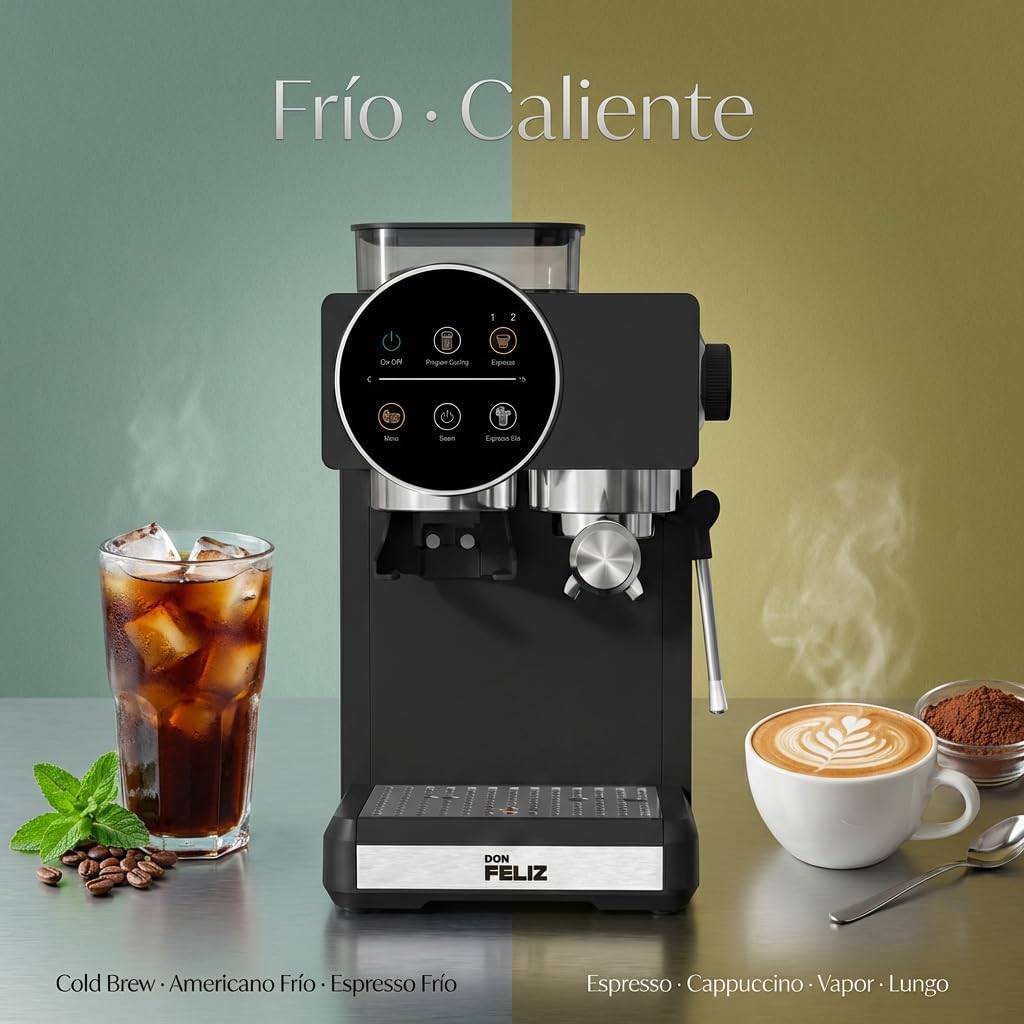 Don Feliz Cafetera Superautomática con Molinillo Integrado, 20 Bar, 1350W, Depósito 1.8L, Vaporizador de Leche, Portafiltro 51mm, Panel de Control Táctil