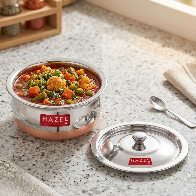 Image of HAZEL Copper Bottom Handi Small 850 ml with Lid | Stainless Steel Cookware Handi | Copper Bottom Vessels for Cooking | Steel Utensils for Kitchen | Small Steel Vessels for Cooking