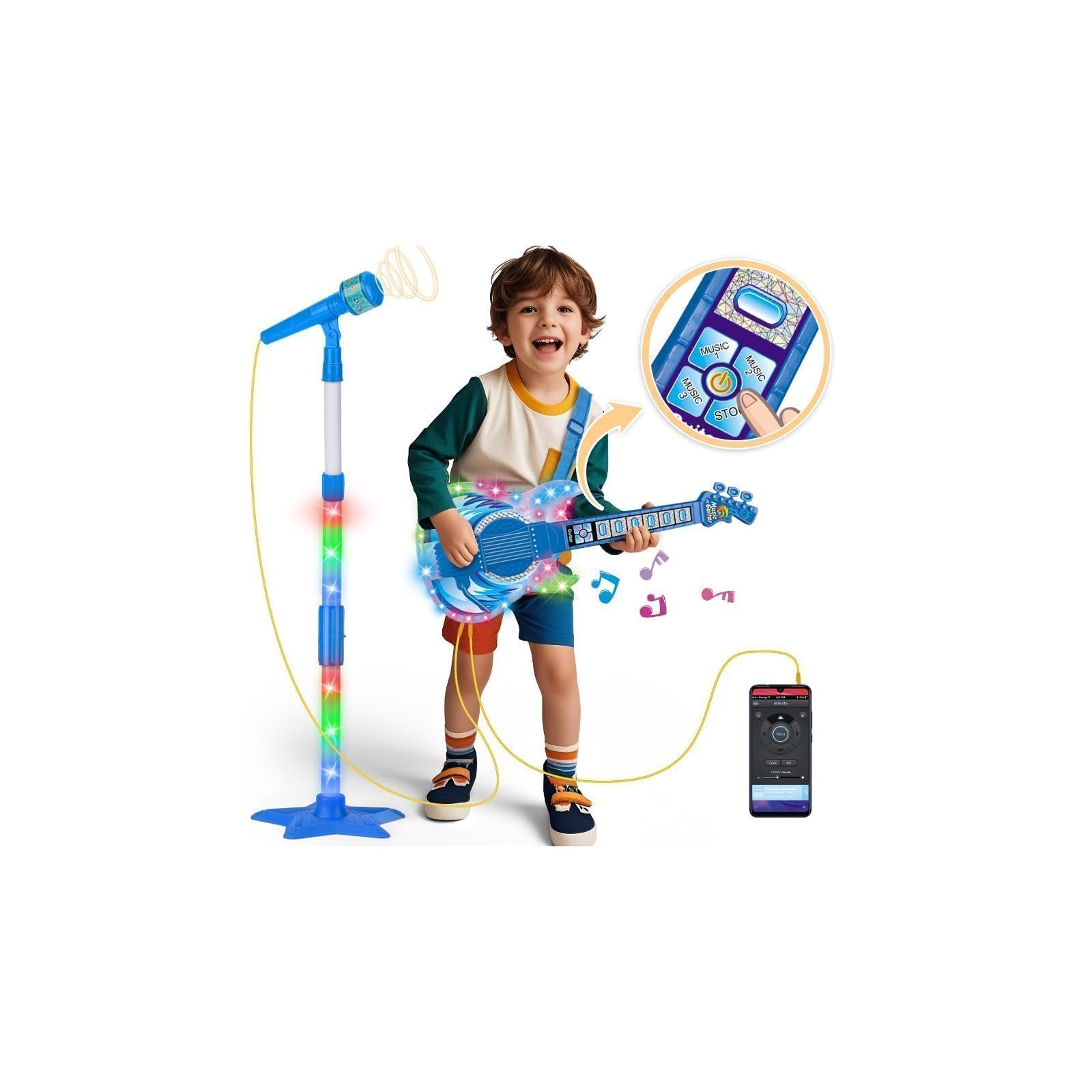 Pack Guitare Et Microphone Enfant – Instrument électrique Avec Lumière, 6 Touches, 4 Modes – Jeu Interactif Pour 3-8 Ans