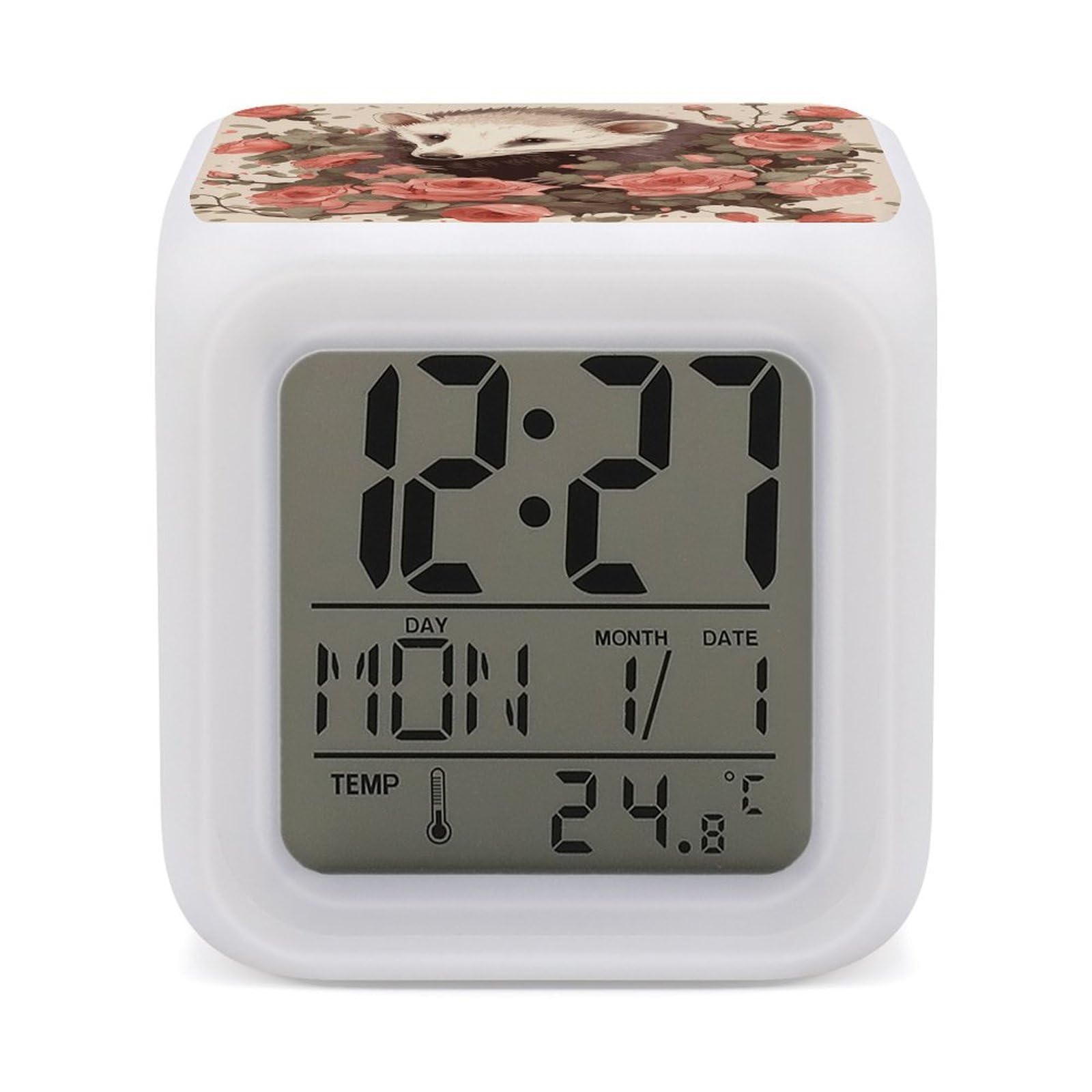 VstaDank Opossum and Roses Digital Alarm Clock LED Display Screen Color Change Alarms Clock Smart Alarm Clock Wake Up Digital Clocks with 7 Color Nightlight for Bedroom