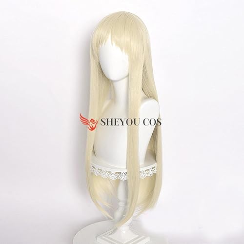 Miniatura 4 de Uearlid Peluca de anime Cosplay Kakegurui Runa Yomozuki, peluca larga y recta rubia con flequillo limpio resistente al calor, pelucas sintéticas