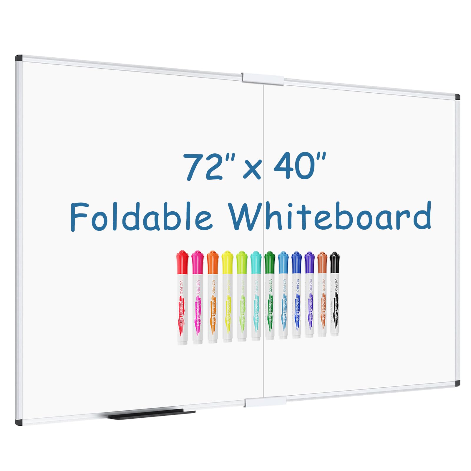 Large Dry Erase White Board/Magnetic Foldable Whiteboard, 72 X 40 Inches, Silver Aluminium Frame, with 12 Colored Whiteboard Pens