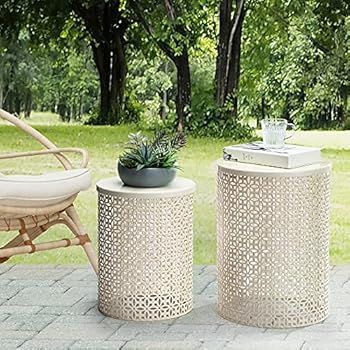 Alternative view of glitzhome Nesting Side Table Set of 2 Decorative Garden Stools for Indoor Outdoor Heavy Duty Metal Frame Modern End Table, Cream White