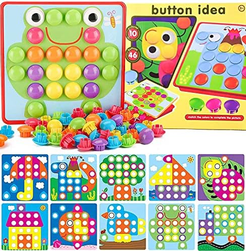 58 Pcs Button Art Toys for Toddlers,Toddler Activities Crafts for Toddlers 2-4 Years,Color Matching Mosaic Pegboard Early Learning Educational Toys,Include 12 Pictures and 46 Buttons with Box