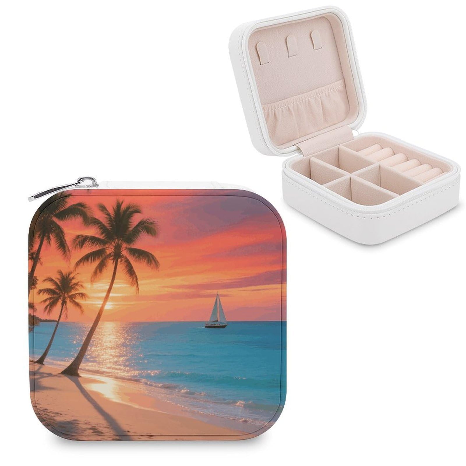 VstaDank Sunset Coconut Tree Jewelry Box for Women Jewelry Organizer Storage Case with Zipper Mini Travel Jewelry Case Cute Trinket Organizer Leather Portable Jewelry Storage Box