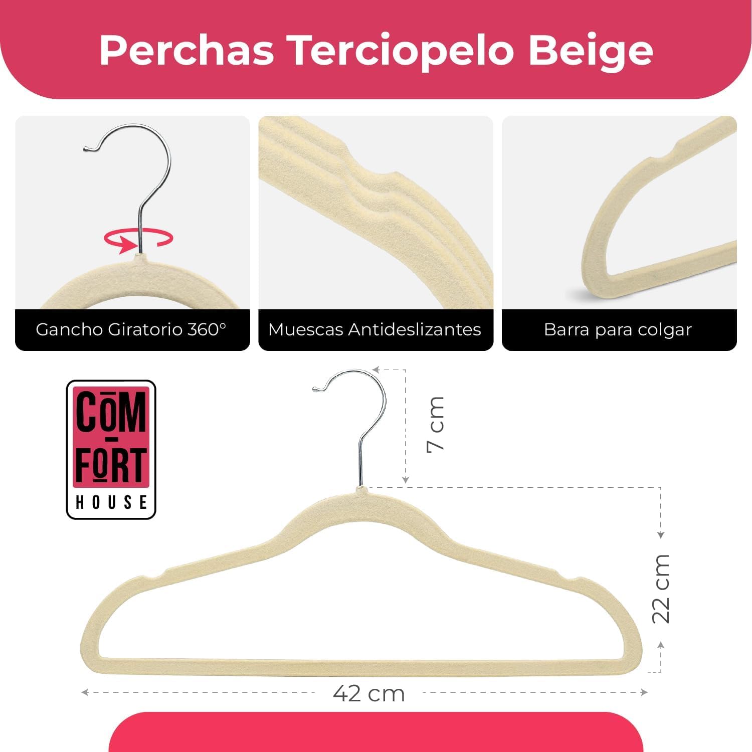 COM-FORT HOUSE Perchas de Terciopelo Antideslizantes Pack 100 – Beige – Ultrafinas Ahorra Espacio – Gancho Giratorio 360° – Perchas para Ropa, Trajes, Vestidos y Camisas