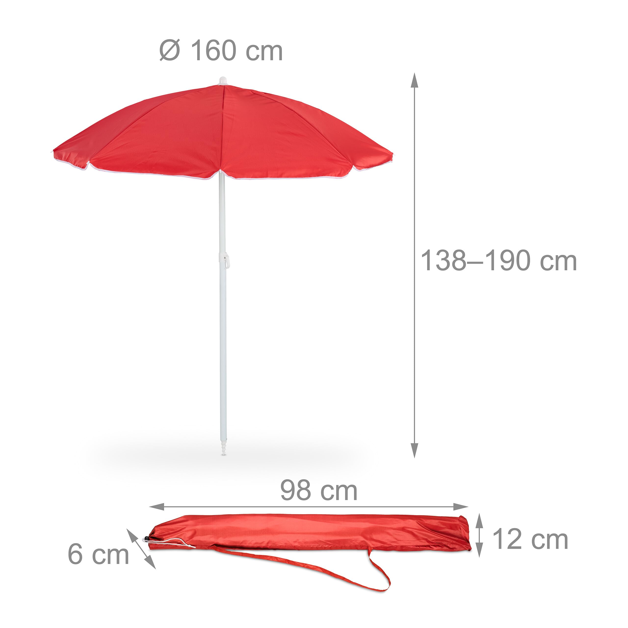 Relaxdays Parasol, diamètre 160 cm, inclinable, Hauteur réglable, Protection UV, Sac de Transport, Plage & Balcon, Rouge