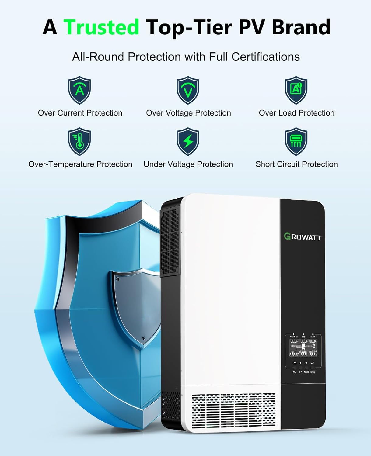 GROWATT 3500W Hybrid Solar Inverter, DC 48V to 120V AC Pure Sine Wave Off Grid MPPT Charge Controller for 48V Lithium AGM Battery Home Energy System, Support Parallel, UL1741, IEEE1547